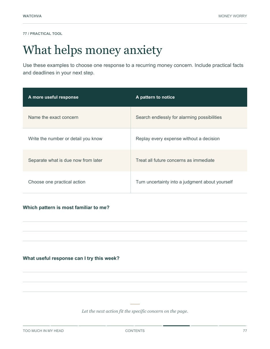 What helps money anxiety workbook page